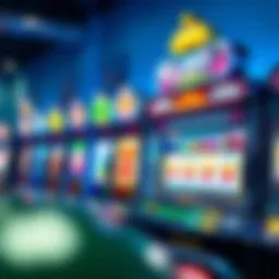 Colorful slot machine display with various themes