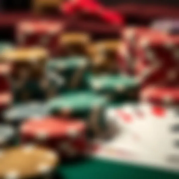 A close-up of poker chips and cards
