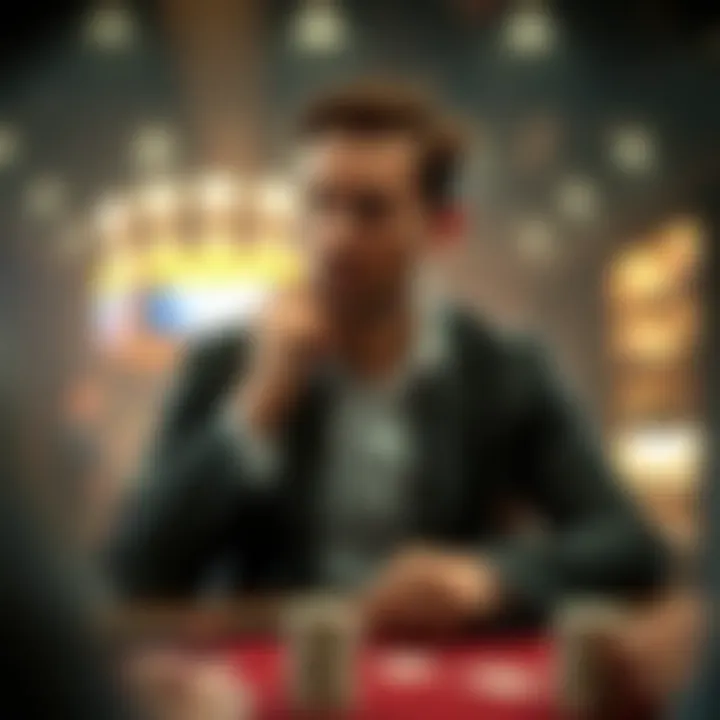 Strategic Thinking in Seven Card Poker A thoughtful player contemplating their next move in a game of Seven Card Poker