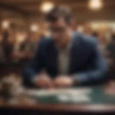 A strategic player calculating risks at a cash card table, embodying thoughtful decision-making.