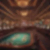 A vibrant interior of a traditional casino showcasing gaming tables and slot machines