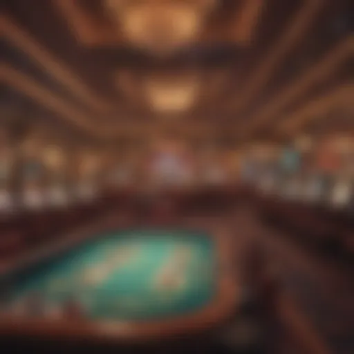 A vibrant interior of a traditional casino showcasing gaming tables and slot machines