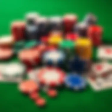 Colorful Poker Essentials Various poker chips and cards spread out on a green felt table.