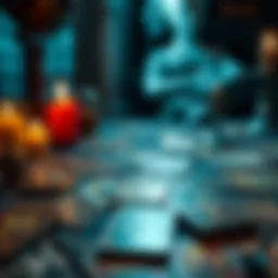 An array of tarot cards spread on a table with a mystical backdrop