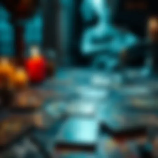 An array of tarot cards spread on a table with a mystical backdrop