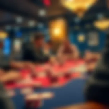 A close-up of a poker table with chips and cards