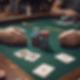 A close-up of a poker table with chips and cards arranged strategically.