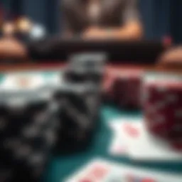 A close-up of poker chips and cards on a table