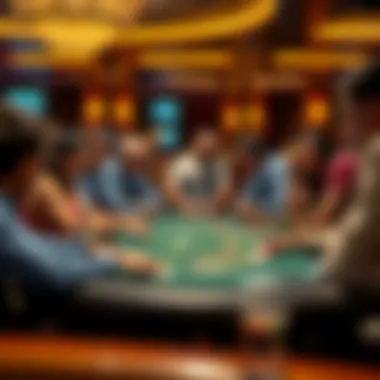 Social Interactions in Gaming A diverse group of individuals gathered around a blackjack table, showcasing the social dynamics of gaming.