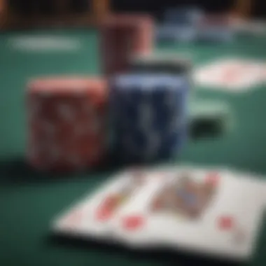 Close-up of poker chips and cards on the table