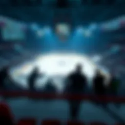 A hockey rink adorned with betting odds and statistics, showcasing the connection between gambling and hockey.