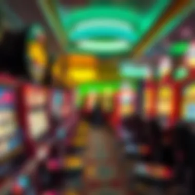 An array of colorful slot machines with glowing lights