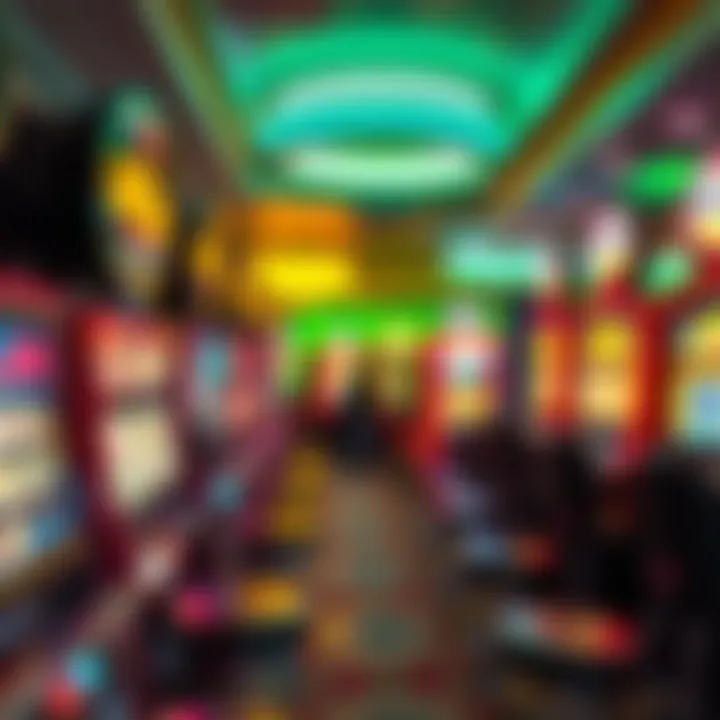 An array of colorful slot machines with glowing lights