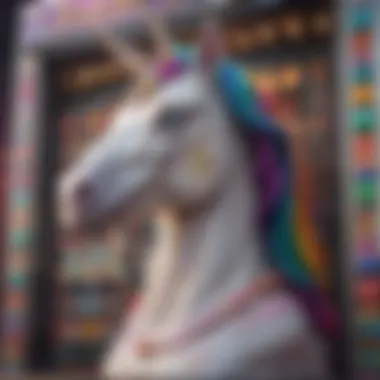 Close-up of a slot machine featuring unicorn symbols and colorful reels