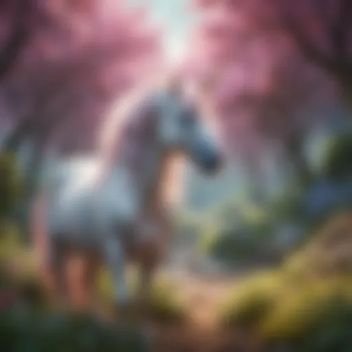 A vibrant unicorn with a sparkling mane in a fantasy landscape