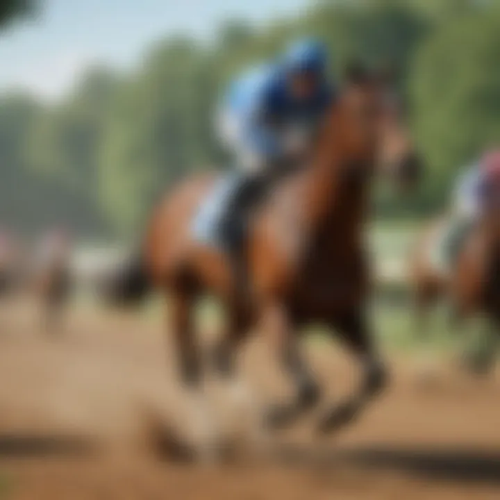 A detailed shot of a thoroughbred horse racing down the track, highlighting the excitement of the sport.