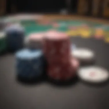 A close-up of poker chips and cards on a table