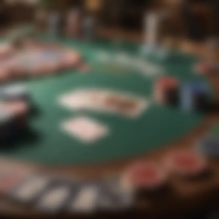 A close-up of poker chips and cards laid out on a table in the Rio Room